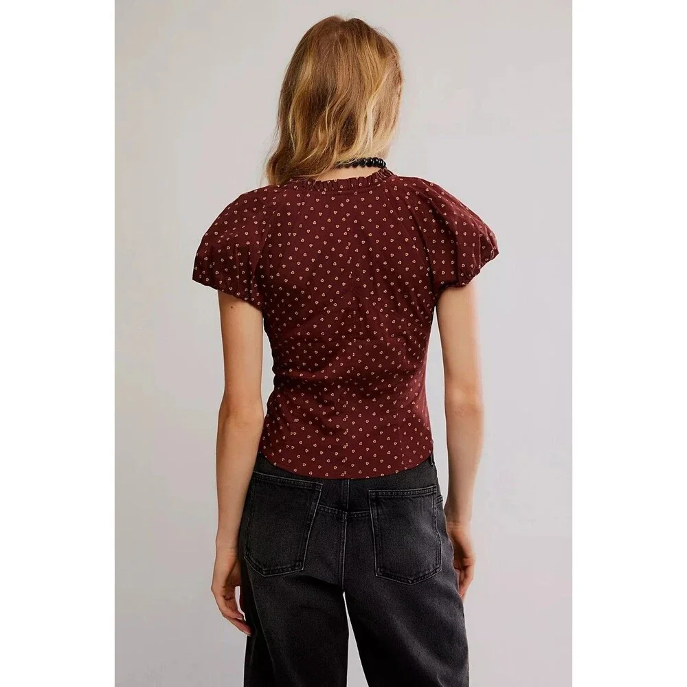 Free People Puff Sleeve Printed Blouse Top Buttondown Floral Ruffle S 289177